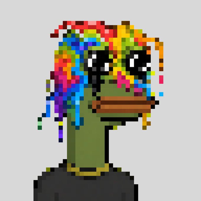 A green Pepe the Frog character wearing colorful pixelated sunglasses with rainbow dreadlocks says "gm" (good morning), a popular crypto/NFT community greeting. The vibrant pixel art style is reminiscent of retro gaming aesthetics commonly used in Web3 profile pictures.