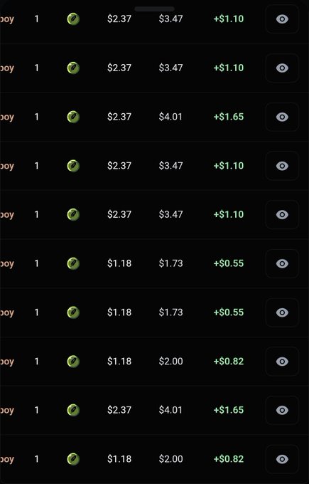 A dark-themed mobile screen displaying a list of prices, with item costs ranging from $1.18 to $2.37 and final prices with increases highlighted in green text such as '+$0.55' and '+$1.65'.