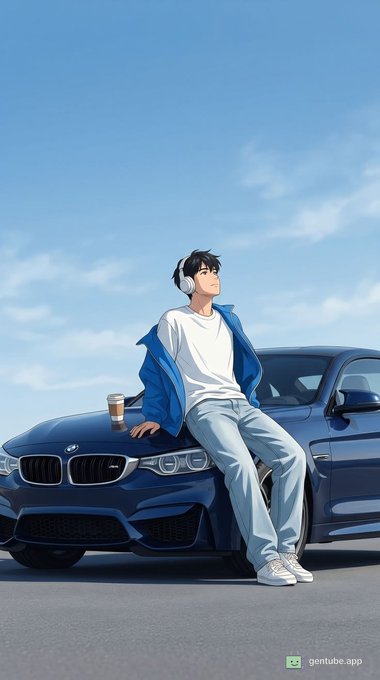 An anime-style illustration depicts a young man wearing headphones and a blue jacket over a white shirt, leaning against a dark blue BMW car with a coffee cup on the hood.