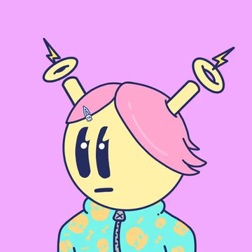 A simple cartoon illustration on a pink background of a character with pink hair wearing a turquoise hoodie, featuring a hairclip and two yellow halo-like objects floating above their head attached by lightning bolts.