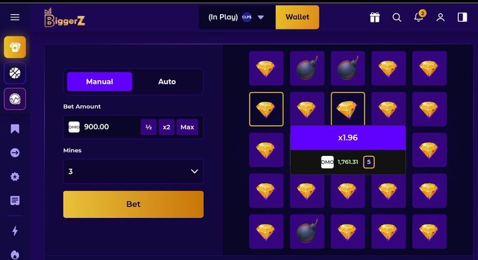A 'DiggerZ' online gambling game interface showing a Mines betting screen with a bet amount of 900.00 OMR, 3 mines selected, and a diamond-tile grid showing an active 1.96x multiplier.