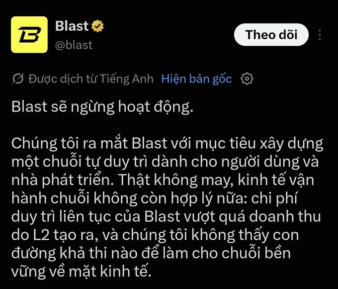 A Vietnamese-language Twitter/X post from verified account "Blast" (@blast), translated from English, announcing that Blast will cease operations because L2 chain economics no longer support the cost of maintaining it, and they see no sustainable path forward.