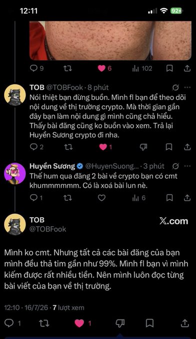 A Vietnamese-language Twitter/X exchange where user TOB @TOBFook critiques Huyen Suong @HuyenSuong for posting about crypto to gain followers.