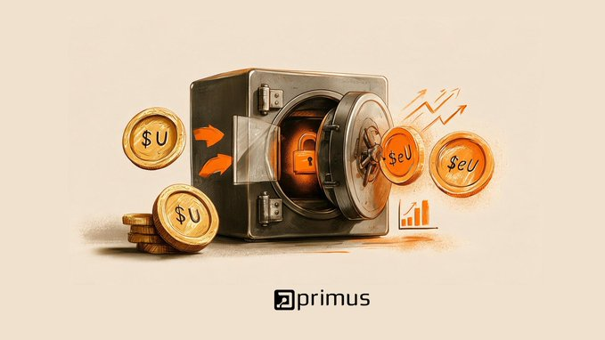 A stylized illustration of an open safe with gold coins marked '$U' and '$eU' emerging from it, branded with the 'primus' logo at the bottom.