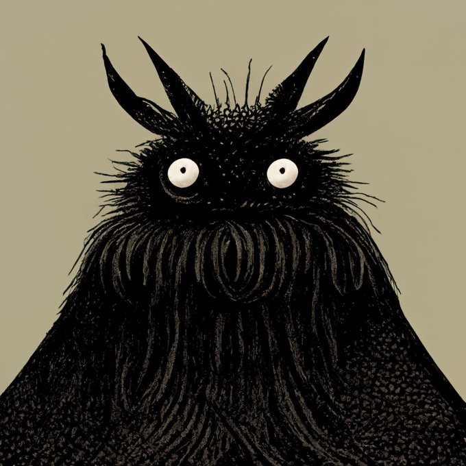 A dark, stylized illustration of a furry black creature with horns and wide white eyes set against a beige background.