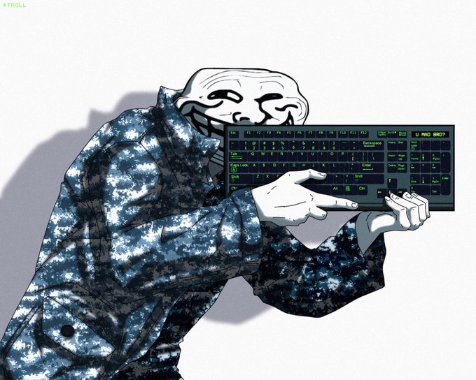 A trollface meme character in a galaxy-print hoodie holds up a glowing green-lit keyboard displaying "U MAD BRO?" text, perfectly matching the post's humorous warning about choking while scrolling crypto CT—and the keyboard's trolling taunt reinforces the comedic spirit of the $TROLL token community.