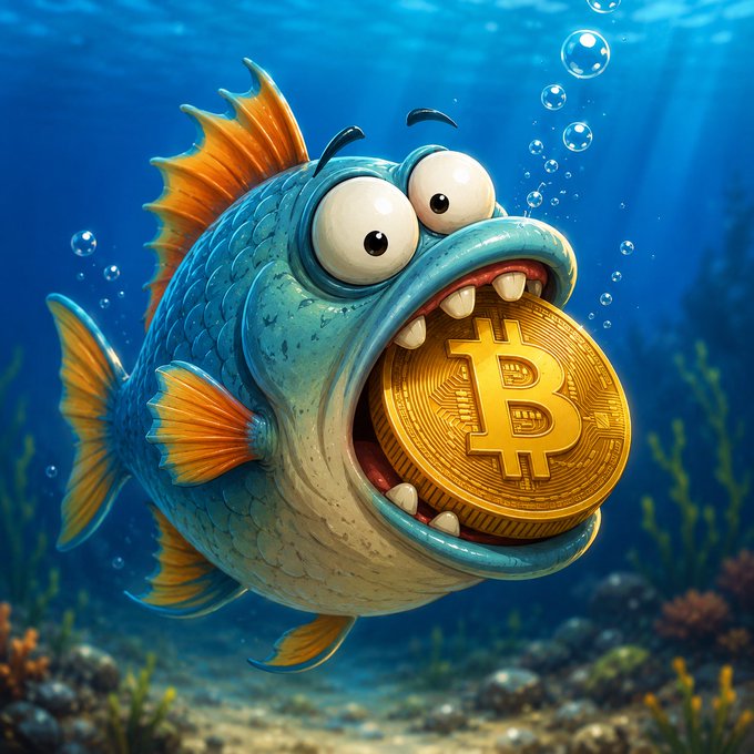 Cartoon illustration of a wide-eyed blue fish underwater with a large gold Bitcoin coin in its mouth.