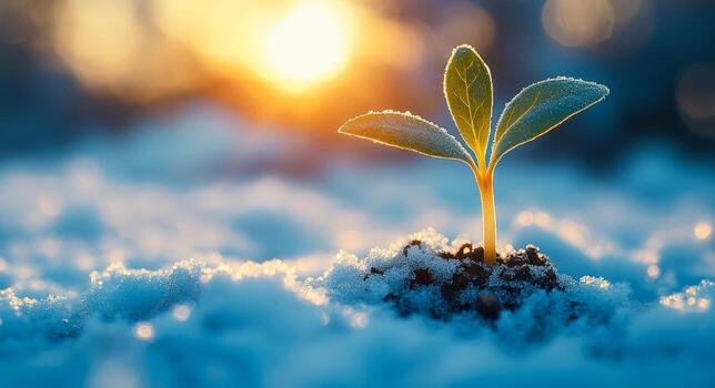 A small green seedling sprouting from snow-covered ground, backlit by a warm golden sunset creating a glowing bokeh effect in the background.