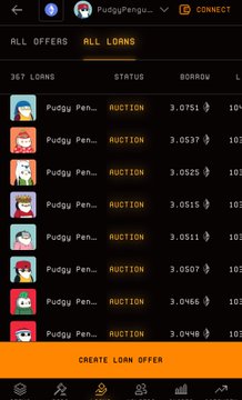 A screenshot of the Pudgy Penguins NFT loan book on a lending platform shows 367 active loans with auction status and borrow amounts around 3.0511-3.0751 ETH, illustrating the elevated auction activity the poster references as a signal for timing a local bottom.
