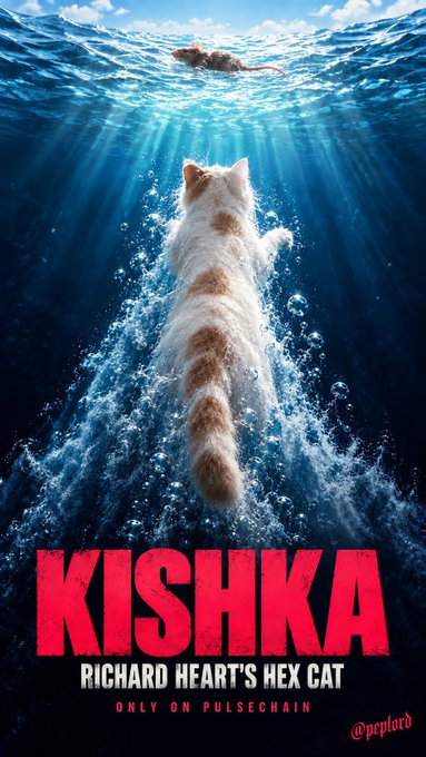 A promotional poster titled 'KISHKA - RICHARD HEART'S HEX CAT - ONLY ON PULSECHAIN' showing an orange and white cat diving underwater with @peplord credit.