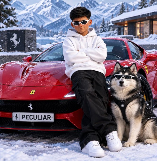 A young person in a white hoodie and sunglasses leans against a red Ferrari with a husky wearing sunglasses beside them, with a license plate reading 'PECULIIAR'.