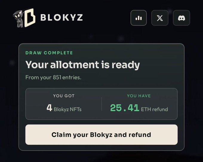 A digital interface from BLOKYZ announces "DRAW COMPLETE - Your allotment is ready. From your 851 entries," showing "YOU GOT 4 Blokyz NFTs" and "YOU HAVE 25.41 ETH refund" with a button to "Claim your Blokyz and refund."