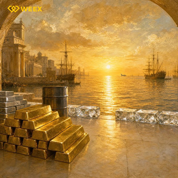 The image features a sunset harbor scene with stacked gold bars and silver ingots in the foreground, evoking wealth and prosperity, while the "WEEX" logo in the corner ties into the post's message of providing access to multiple markets (gold and silver included) through a single trading app.
