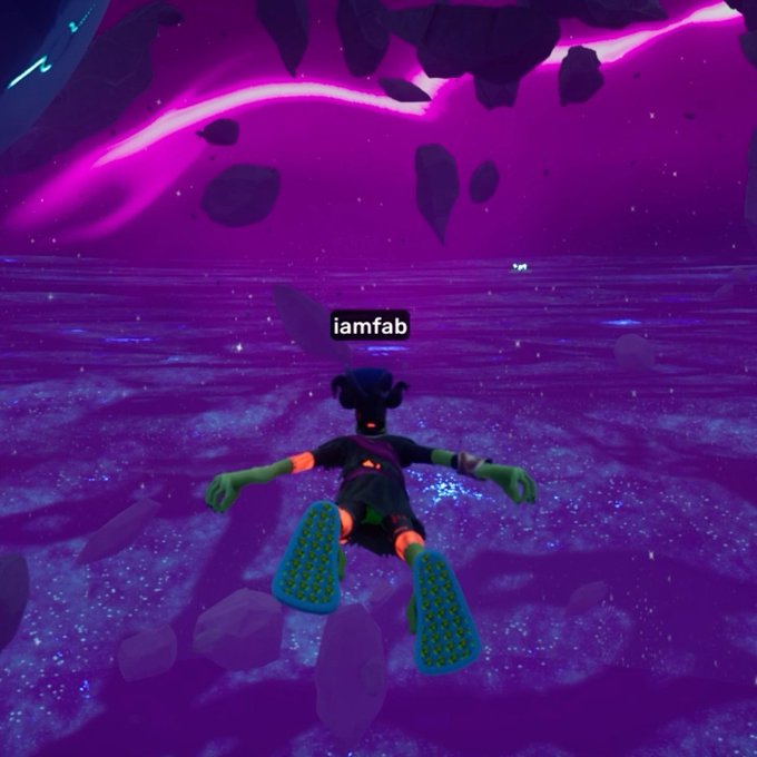 A 3D animated character with a username 'iamfab' floats in a vibrant purple cosmic environment surrounded by floating rocks and a glowing nebula.