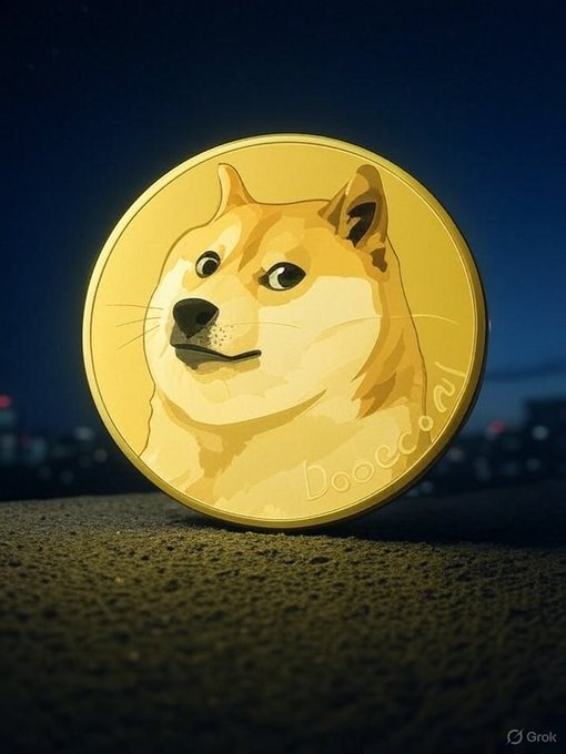 A golden Dogecoin coin featuring the Shiba Inu dog mascot sits against a dark night sky, with the "Dooecoin" text visible on its surface and a "Grok" watermark in the corner—visually reinforcing the post's enthusiasm about buying more Dogecoin.