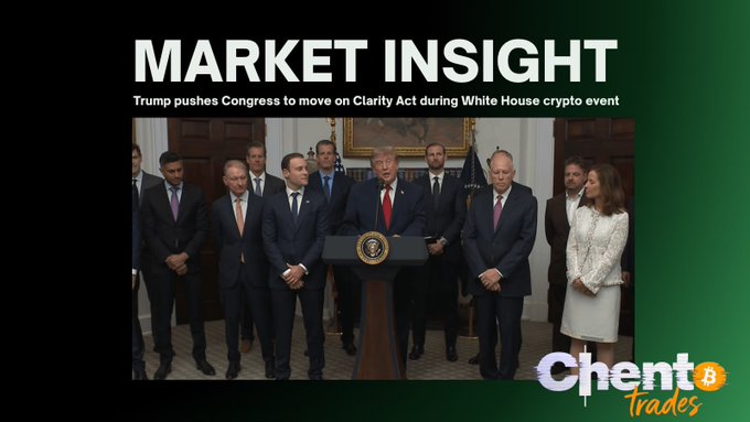 A "MARKET INSIGHT" graphic from Cointrades features a headline reading "Trump pushes Congress to move on Clarity Act during White House crypto event," showing Donald Trump speaking at a podium surrounded by officials in suits, including what appears to be French President Macron. The image visually supports the accompanying post about Trump's renewed push for the CLARITY Act legislation during a White House crypto meeting, highlighting the ongoing political effort to advance crypto regulation despite uncertainty about its path through the Senate.