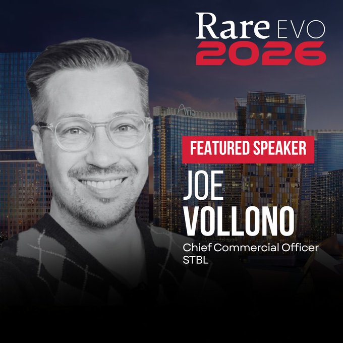 Promotional graphic for Rare EVO 2026 featuring Joe Vollono, Chief Commercial Officer of STBL, as a featured speaker with his black-and-white portrait set against a city skyline background. The image aligns with the post announcing his participation on the "How DeFi Is Transforming Finance" panel at the conference.