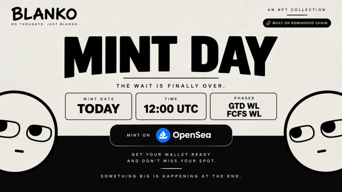 The image is a promotional graphic for Blanko NFT's "Mint Day," announcing that minting begins today at 12:00 UTC on OpenSea, with GTD WL and FCFS WL phases. This directly relates to the post, where the user is urgently requesting the BlankoNFT team to check their DM and approve their submitted wallet in time for the mint happening today.