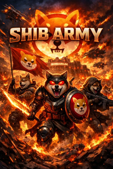 The image depicts a fierce "SHIB ARMY" of armored Shiba Inu warriors charging through flames, with a burning fortress labeled "SHIBARIUM" in the background and the iconic Shiba logo prominently featured. The dramatic battle scene aligns with the post's message about the SHIB community's hidden strength, symbolizing how the Shiba Army and Shibarium ecosystem prepare for powerful moves during quiet times.