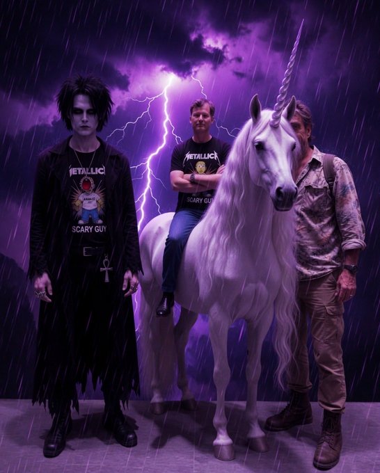 In the image, there are three people standing next to a white unicorn statue. The unicorn has a man sitting on its back as if riding it. One of the men is wearing a black shirt with "Scary Guy" written on it. Another man in the group is holding a backpack. The background features a purple sky and clouds, creating an interesting contrast between the dark figure and the vibrant colors around them.