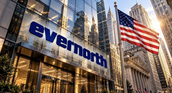 A digital rendering of the 'Evernorth' corporate logo displayed on a modern glass building, with an American flag waving prominently in the foreground against a city skyline.