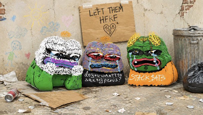 Three sad, drooling "Fine Pepes" sit discarded on the ground next to a cardboard sign reading "Left them here," with the middle Pepe pleading "do you want to see my penis?" and the right one branded "STACK$SATS." The image humorously illustrates the post's "POV" of abandoned Fine Pepes ordinals, using the neglected, forlorn-looking characters to promote rescuing them via the linked satflow marketplace.