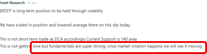 The image features a screenshot of an email message from Tenet Research, written in bold white text against a grey background. The email states that the research firm's analysts have been using long-term position trading strategies backed by fundamentals as their approach, with a focus on 140s and moving markets. The email also mentions that the fund managers are looking for a change in market conditions to move the portfolio.