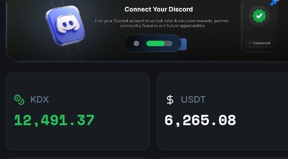 A digital wallet interface prompting users to 'Connect Your Discord' with a green toggle switch, displaying balances of 12,491.37 KDX and 6,265.08 USDT.