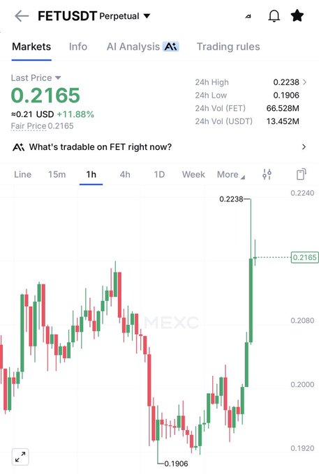 A cryptocurrency trading chart on MEXC showing FETUSDT Perpetual with a last price of 0.2165 USD, up 11.88%, displaying 1-hour candlestick data with a 24h high of 0.2238 and low of 0.1906.