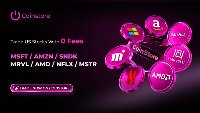 The image is a promotional banner for Coinstore advertising "Trade US Stocks With 0 Fees," featuring pink/metallic circular icons displaying logos for popular stock tickers including MSFT, AMZN, SNDK, MRVL, AMD, NFLX, and MSTR, alongside a call-to-action button reading "TRADE NOW ON COINSTORE." The banner visually supports the post's US Stocks 0 Fee Trading Carnival promotion by highlighting the same featured stock tokens available for fee-free trading and daily cash rewards on the platform.