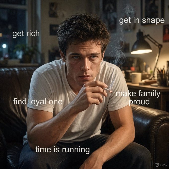 An AI-generated image (watermarked Grok) shows a young man smoking a cigarette with text overlays reading "get rich," "get in shape," "find loyal one," "make family proud," and "time is running."