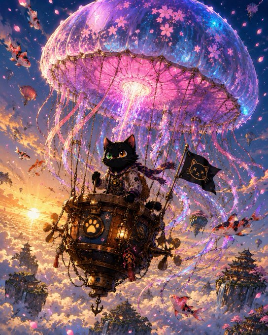 A black cat with bright green eyes rides a steampunk-style hot air balloon shaped like a glowing pink jellyfish, soaring above golden clouds and floating sky islands at sunset, with a black flag bearing a cat emblem. The whimsical scene perfectly matches the post's adventurous tone, blending curiosity and chaos as the cat embarks on a fantastical journey "between the clouds and the chaos."