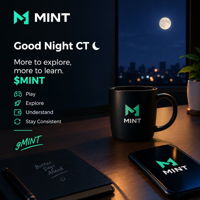 A promotional graphic for 'MINT' cryptocurrency featuring a 'Good Night' greeting, branding elements, and a nighttime scene with a black mug, notebook, and phone displaying the MINT logo on a desk.