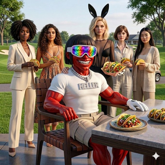 An AI-generated image shows a red humanoid figure with an exaggerated grin, holographic rainbow goggles, and a "HELIER" t-shirt sitting at an outdoor patio with tacos, surrounded by five stylish women—one of whom wears bunny ears—holding tacos in a sunny suburban setting, fitting the playful "Who's active today?" prompt with a surreal, meme-like cast of characters.