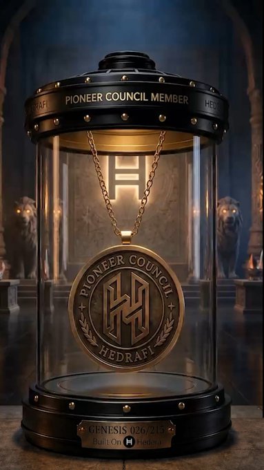 A 'Pioneer Council Member' medal and pendant displayed in a glass case, with text reading 'HEDRAFI', 'GENESIS 026/215', and 'Built On Hedera' on a nameplate.