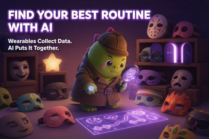 A digital illustration featuring a green dragon character dressed as a detective, surrounded by various masks and gadgets, with the text 'FIND YOUR BEST ROUTINE WITH AI - Wearables Collect Data, AI Puts It Together.'