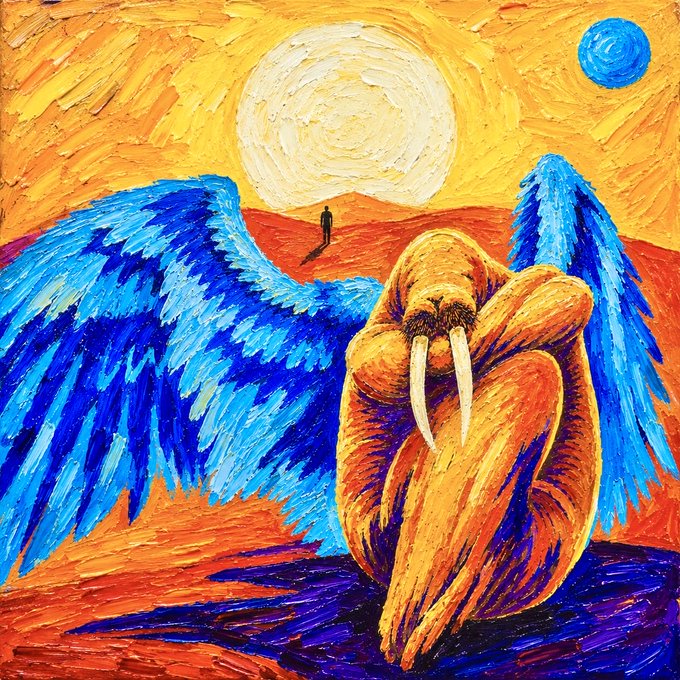 A Van Gogh-style post-impressionist painting depicting a walrus with blue wings sitting beneath a swirling sun, with a small silhouetted figure in the background.