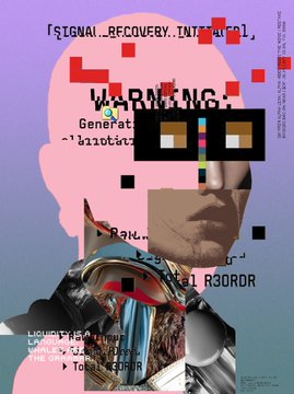 An abstract glitch-art style collage featuring a person's face obscured by pixelated blocks, with text like 'WARNING', 'Generator', and 'SIGNAL_RECOVERY_INITIATED'.