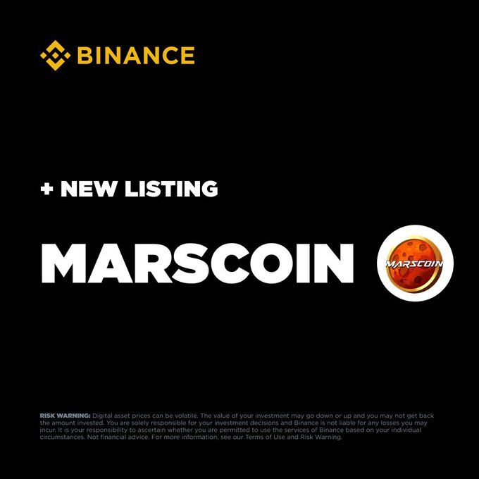 A black Binance announcement graphic featuring "+ NEW LISTING MARSCOIN" with the Marscoin logo and a risk warning about digital asset volatility.