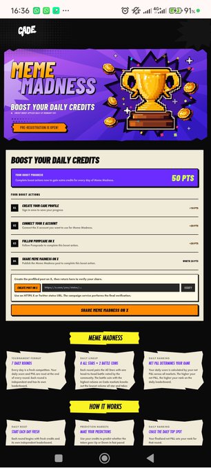 The image is a promotional screenshot for "MEME MADNESS" by Cade Market, featuring a 50 PTS daily credit boost for completing pre-registration and profile setup tasks like uploading a card and connecting an X account. The bottom highlights a "HOW IT WORKS" section outlining daily XP and meme submission rewards, visually supporting the post's claim of locking in 50 points and preparing an entry for the Underdog Battle leaderboard.