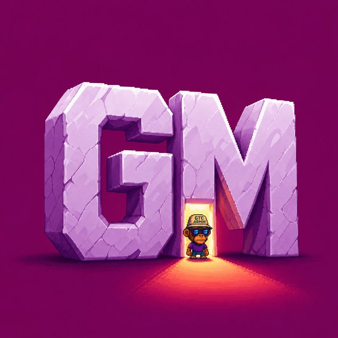 A pixel-art monkey wearing a 'BTC ARMY' cap stands in the doorway of large stone 'GM' letters against a maroon background.