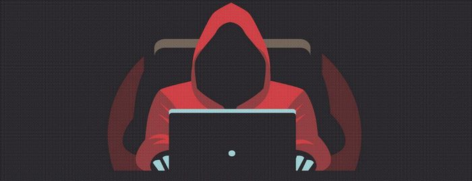 A digital illustration of a hooded figure in red using a laptop, with a pitchfork design subtly forming behind them, commonly used to represent hackers or scammers.