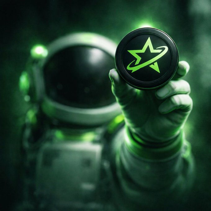 An astronaut in a space suit holds up a glowing green circular emblem featuring a star with an orbital ring, set against a dark green space background.