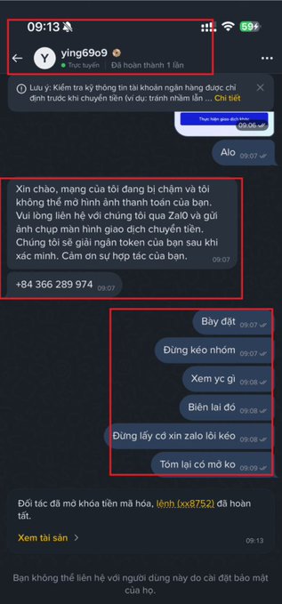 Screenshot of a Vietnamese chat on Zalo with user 'ying69o9' discussing a frozen account, with red boxes highlighting warnings about sharing OTP codes, banking transaction screenshots, and links to options like buying, renting views, and unlocking accounts.