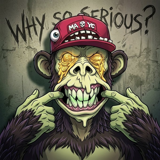 A cartoon-style illustration of a crazed monkey wearing a red 'MA NYC' cap, grinning menacingly to show sharp teeth, with the graffiti-style text 'WHY SO SERIOUS?' behind it.