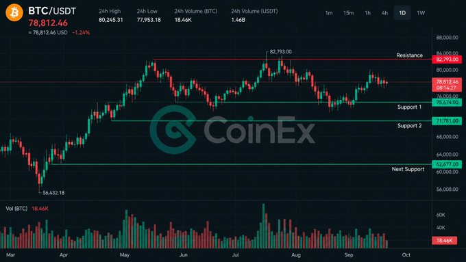 A CoinEx cryptocurrency chart shows the BTC/USDT trading pair at 78,812.46 USD, down 1.24%, with marked Resistance, Support 1, Support 2, and Next Support levels.