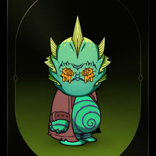 A stylized cartoon illustration of a green aquatic creature wearing a red robe, featuring spiky yellow hair and orange "M" symbols for eyes.