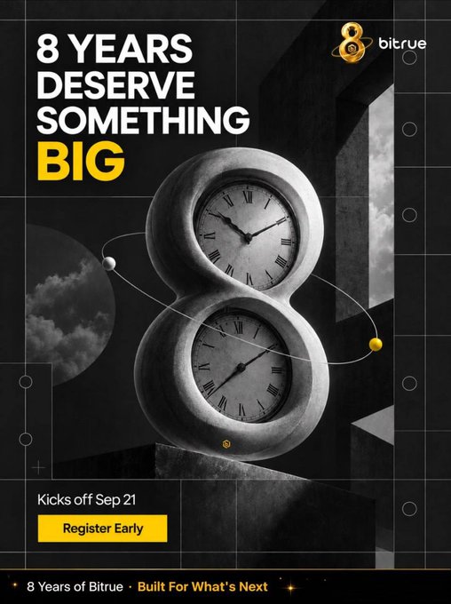 A Bitrue advertisement reading "8 YEARS DESERVE SOMETHING BIG" with "Kicks off Sep 21" and a "Register Early" button, featuring an infinity-shaped double clock graphic and the footer "8 Years of Bitrue · Built For What's Next".