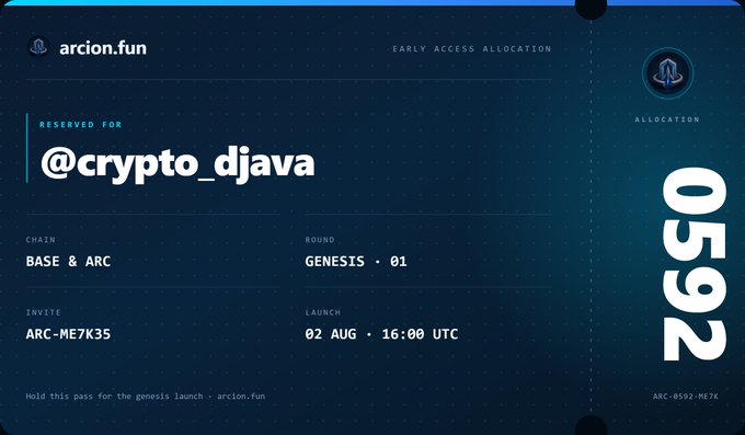 A dark blue early access allocation pass from arcion.fun, reserved for @crypto_djava, shows Chain: BASE & ARC, Round: Genesis 01, Invite: ARC-ME7K35, Launch: 02 AUG • 16:00 UTC, and Allocation: 0592 (ARC: 0592-ME7K), with the note "Hold this pass for the genesis launch."