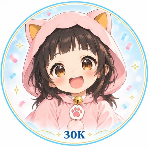 An anime-style illustration of a cute girl with brown hair wearing a pink cat-ear hoodie with a bell collar and paw print tag, displayed in a circular frame with '30K' text at the bottom, likely indicating a follower or subscriber milestone.